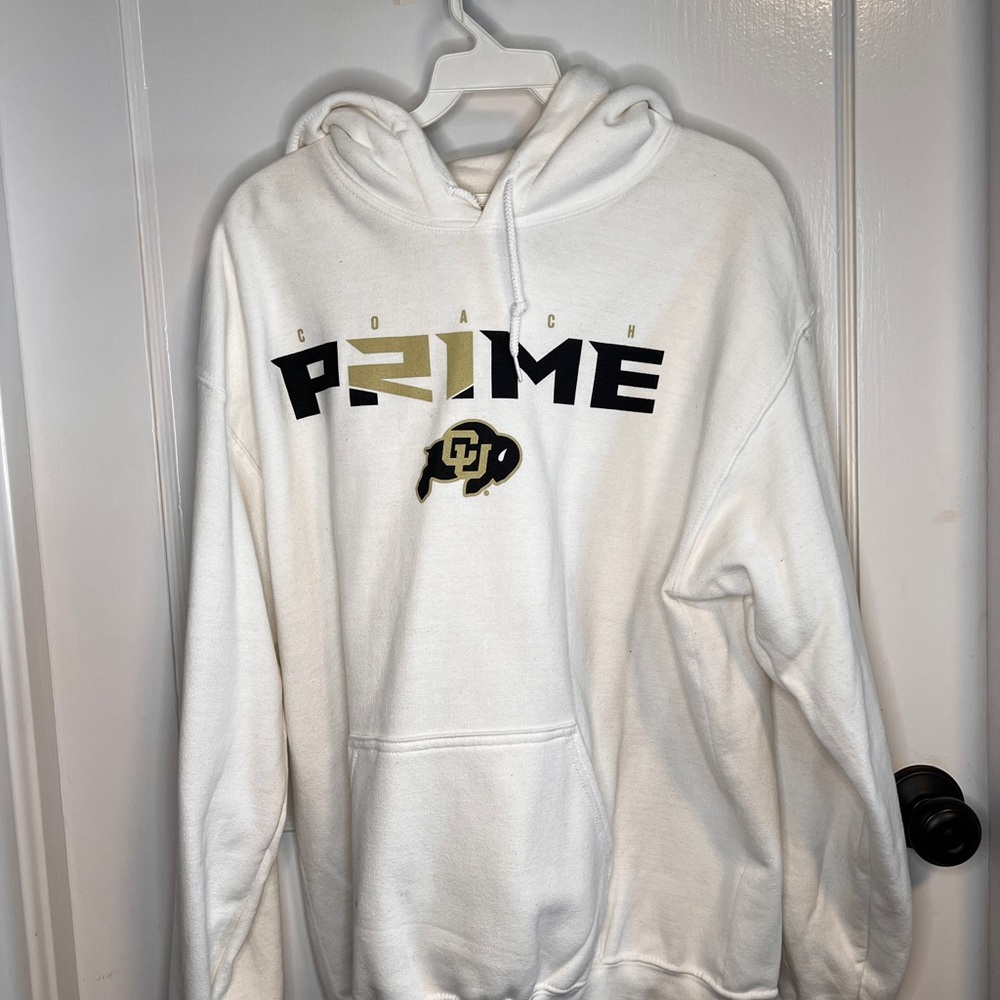 Blue 84 White Crewneck Hoodie with Black and Gold Graphic